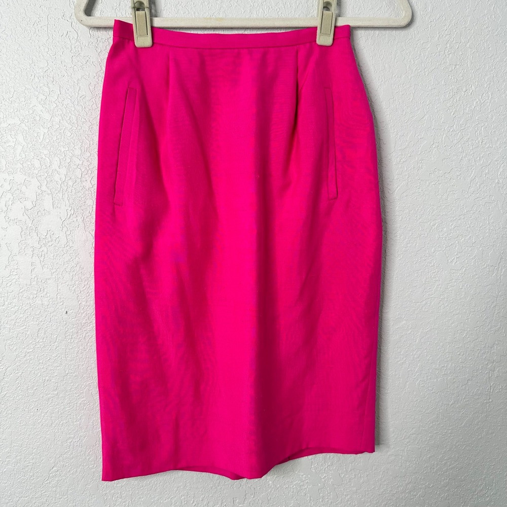Vintage Dana Bachman Hot Pink Pencil Skirt High Waist Back Zip Slit 100% silk 4